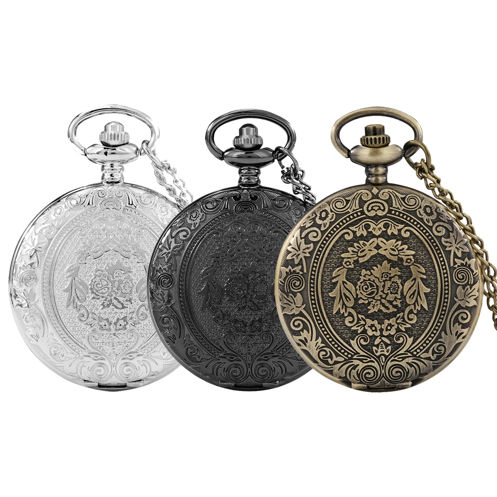 Vintage Charm Flower Pattern Decor Quartz Pocket Watch Arabic Numerals Dial Full Hunter Pendant Clock with 80cm Necklace Chain