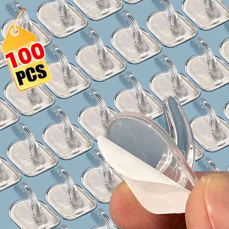 100PCS Mini Clear Wall Hooks Self Adhesive Transparent Sticky Hanger Wall Decor Hook Home Kitchen Bathroom Storage   JJ3407