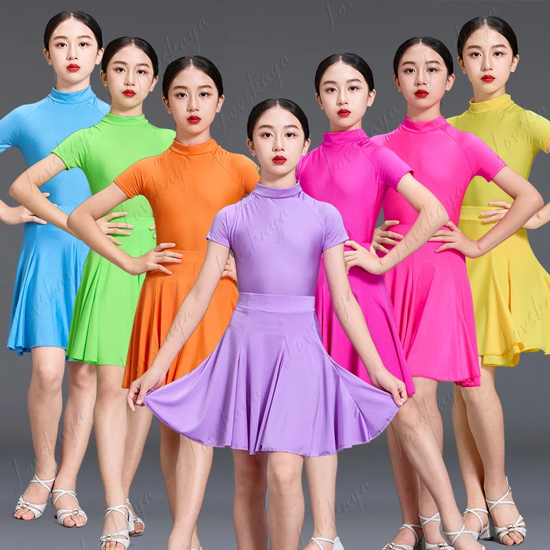 キラキラ輝くスパンコール付き子供用ラテンダンス衣装 - プロ競技用スカートセット - 子供用パフォーマンス衣装