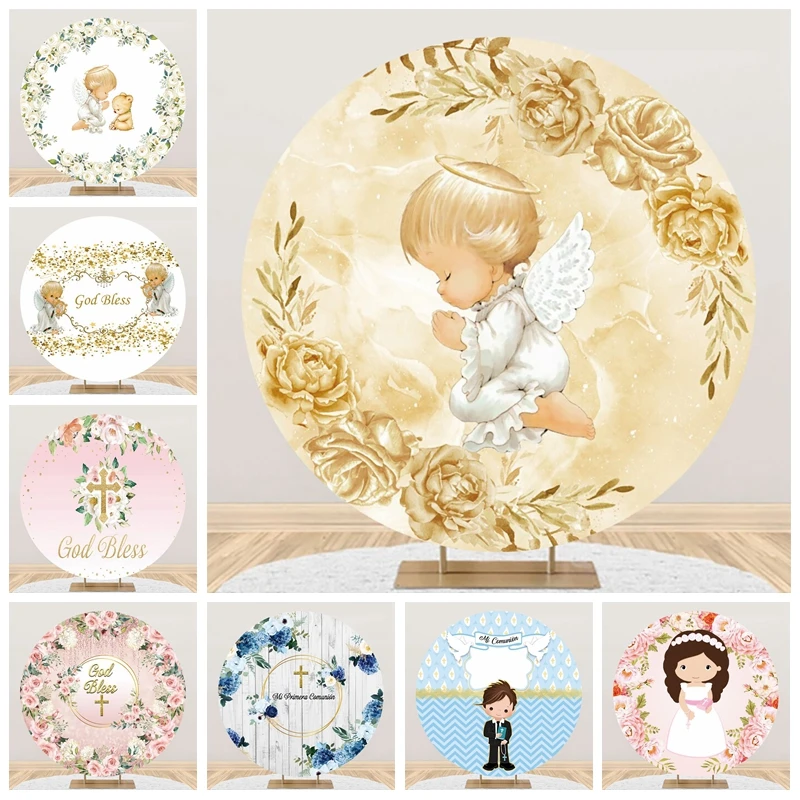 My Baptism Round Backdrop Cover My First Communion Boy Girl Angel Baby Shower Christening Party Decor Circle Background Covers