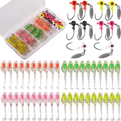 50PCS Crappie Jig Worm Lure Kits Fishing Jig Head Hooks Round Ball Jig Hook Soft Plastic Lures Bass Swimbait