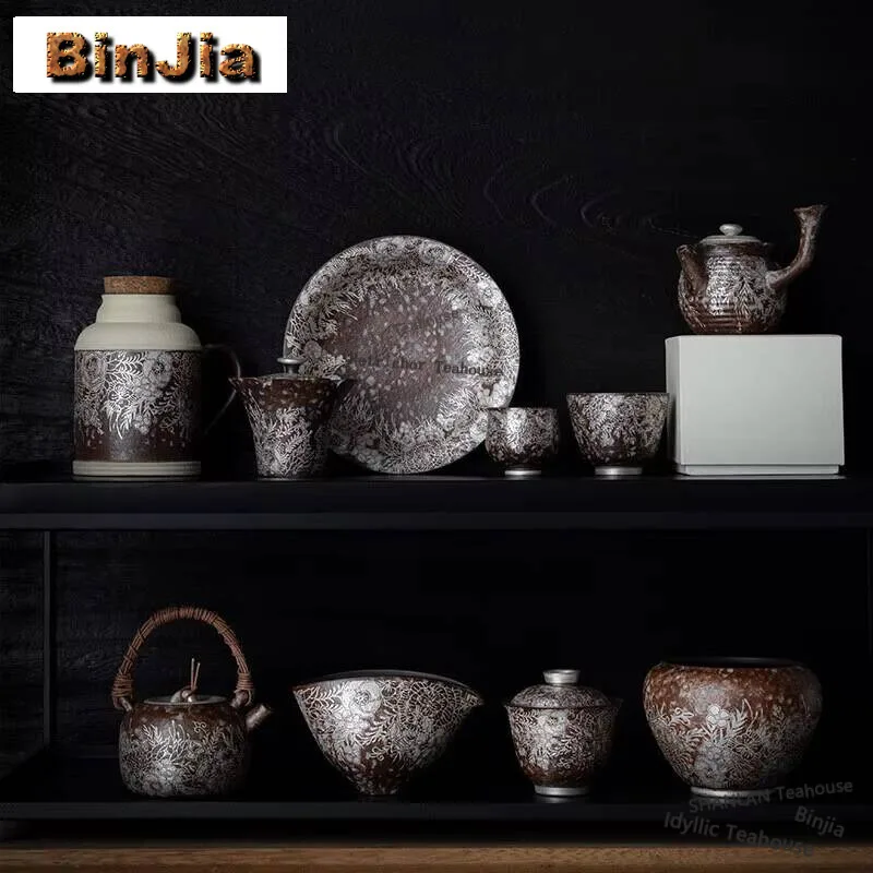 200ml Handamde Old Rock Mud Lifting Beam Pot Gilded Silver Flower Vine Weaving Teapot Chinese Tea Brewing Filter Kettle Tea Set
