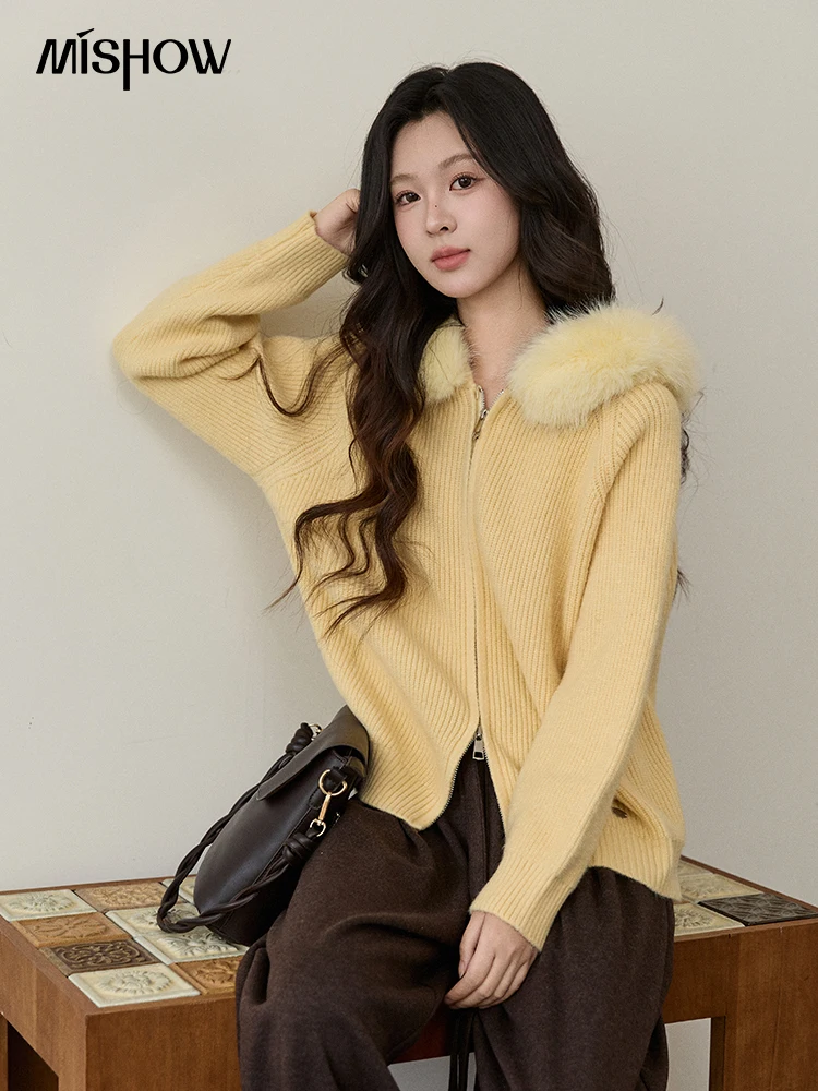 MISHOW Women's Yellow Knitted Cardigan 2025 Winter Faux Fox Fur