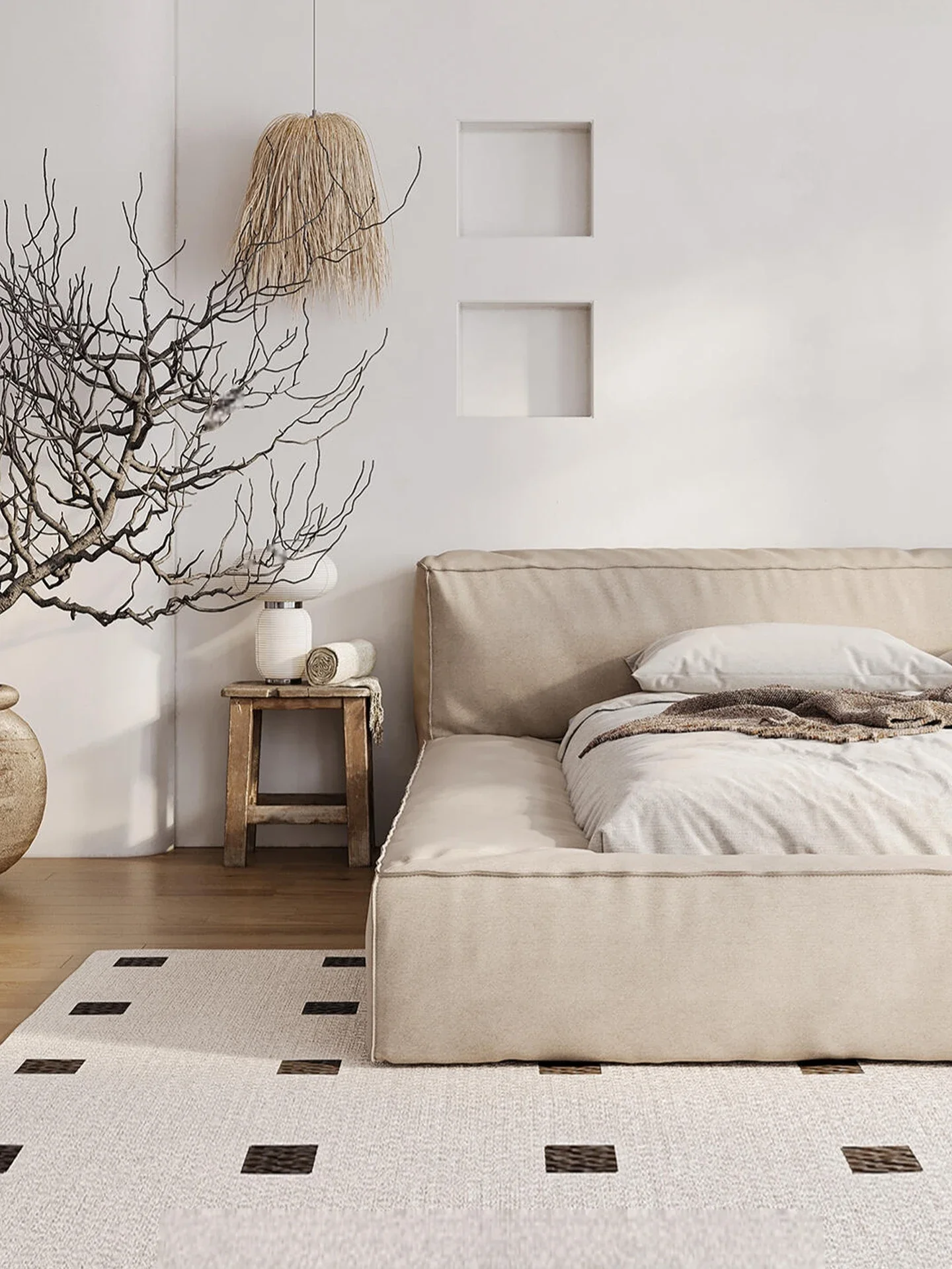 Tofu cubes wabi-sabi wind cream wind fabric bed small apartment soft bag Nordic double bed beech row skeleton