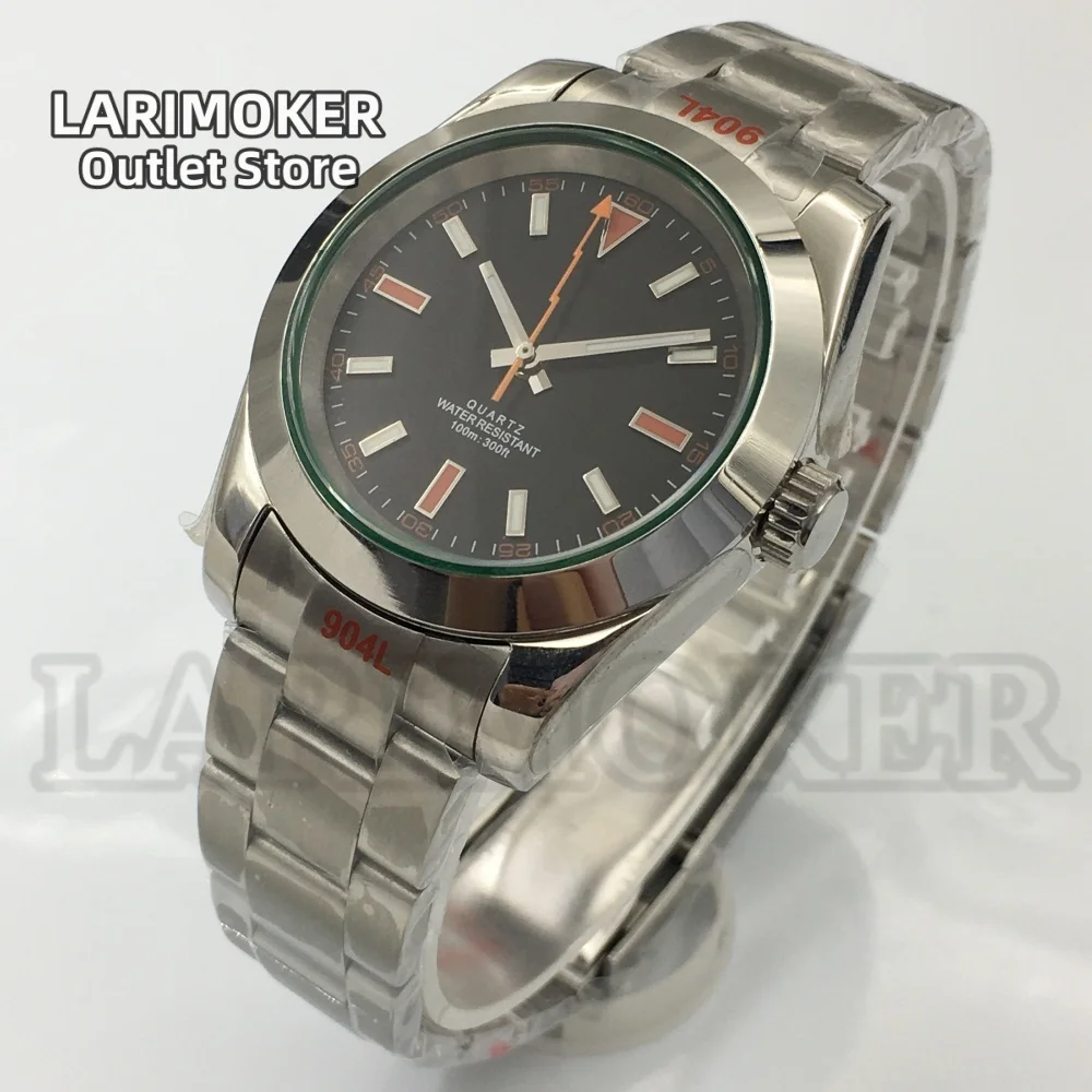 LARIMOKER Ronda515-12h Orologio al quarzo 36mm/39mm Lunetta lucida Vetro zaffiro verde Quadrante bianco nero Bracciale in acciaio con lancetta fulminea