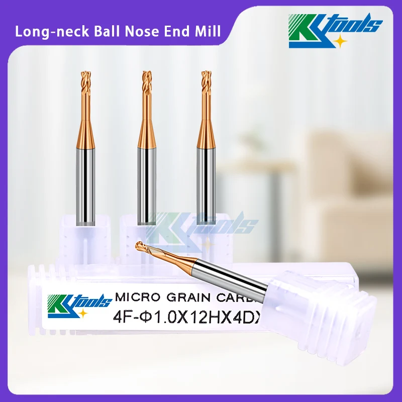 HRC60 Long-neck Ball Nose End Mill for Steel R1.5-R1 Deep groove processing 2 Flute long neck Ball Nose milling cutter