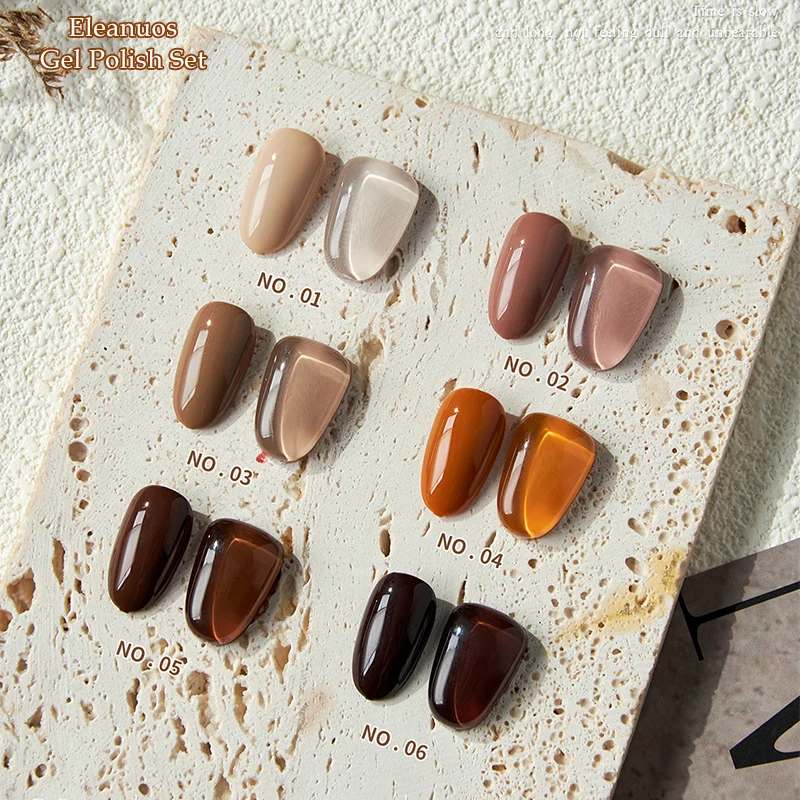 Eleanuos Schokoladengel, poliert, 30 Stück, gemischt, durchsichtig, braun, einfarbig, langlebig, UV-LED-Grundierung, Finish, Salon-Set, Ahornnägel, 15 ml