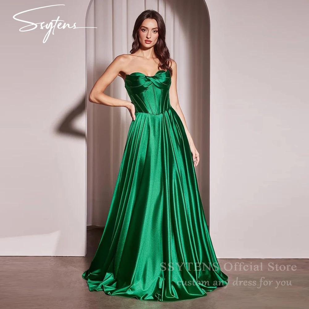 

SSYTENS Elegant Satin Evening Dresses Green Long Bridemaid Robe De Soirée Femmes Lace Up Back Event Paty Gowns Women Customized