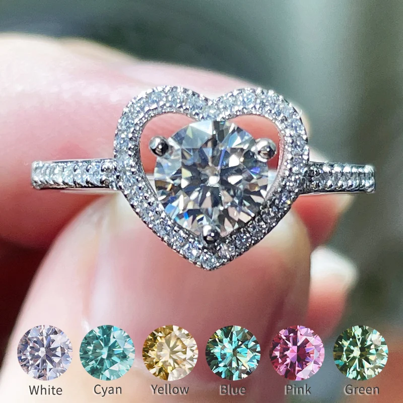 

Luxury 1CT Moissanite Ring For Women Love Heart Design 6.5MM Blue Green Pink Yellow Gem Rings S925 Sterling Silver