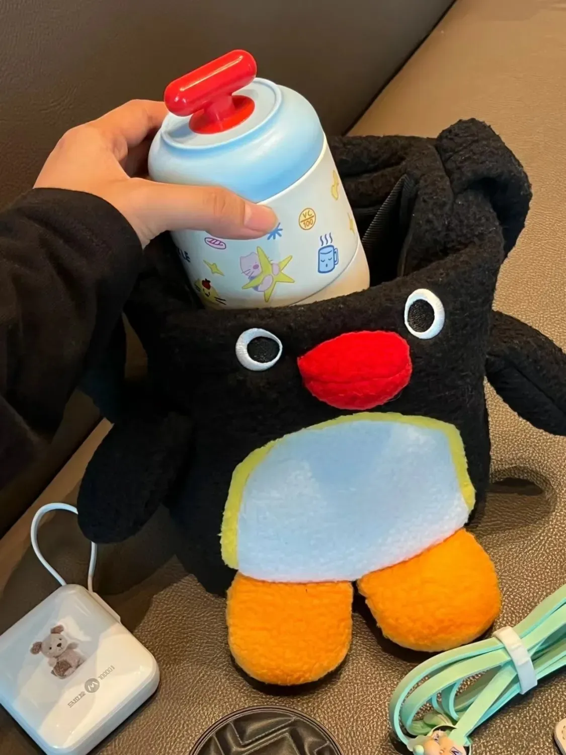 Cute Penguin Plush Water Bottle Holder for Girls Kids Creative Portable Insulated Cup Sling Bag Handbag for Outdoor Activities