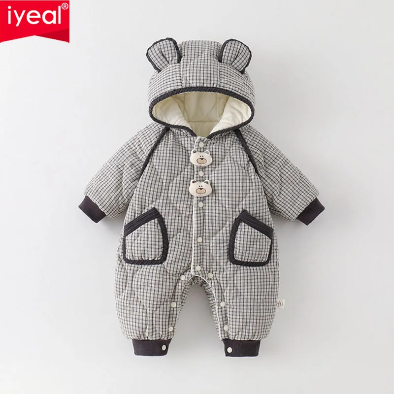 IYEAL Baby Boys And Girls Winter Fashion Plaid Thick Jumpsuit Newest Winter Warm Fleece Newborn Hooded Jumpsuit
