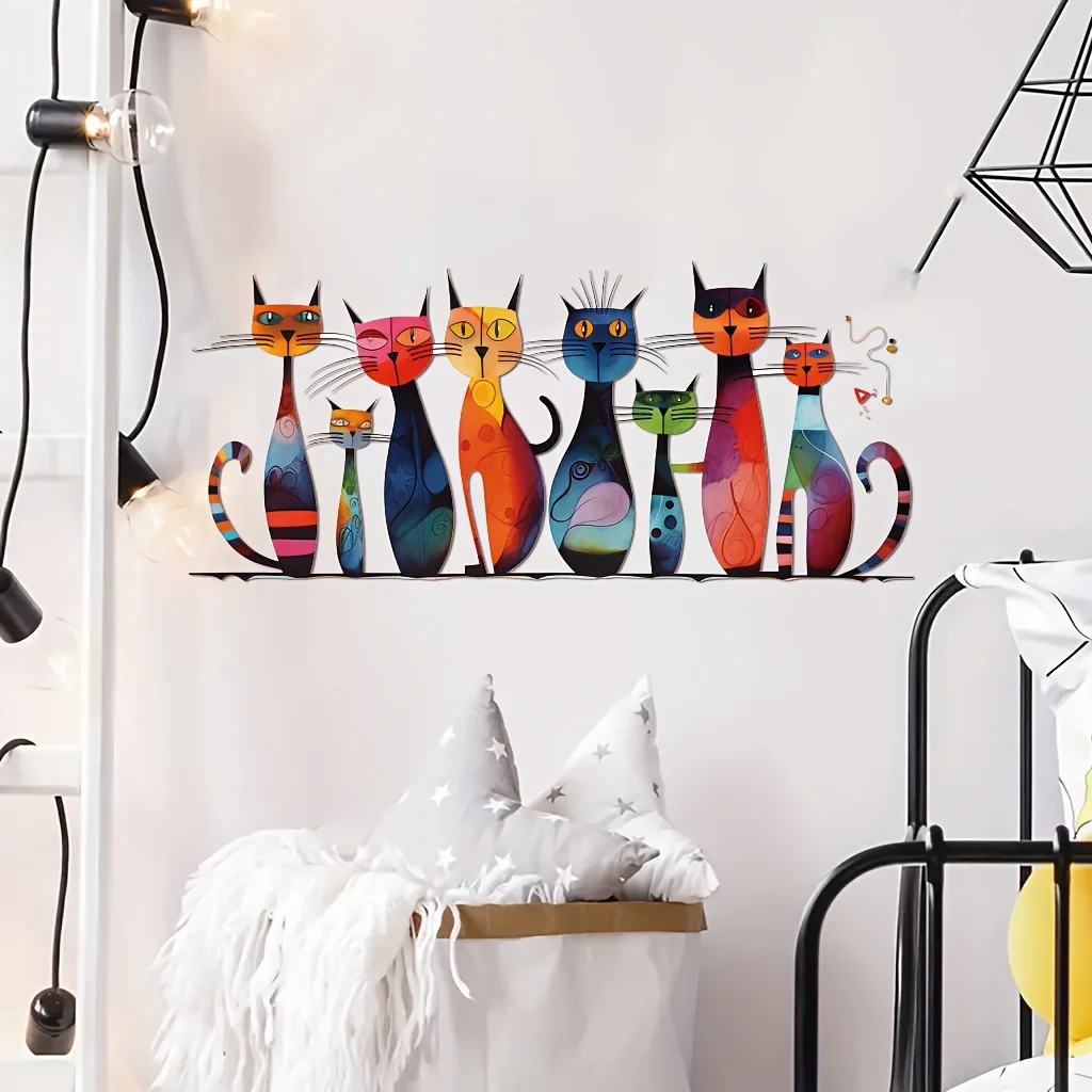 2D flat design, a single piece with diverse shapes and vibrant colors, featuring a cat-themed wall sticker suitable for decorati
