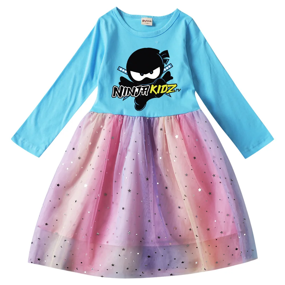 Fashion Cute NINJA KIDZ Clothes Kids Wedding Party Sequin Dress Baby Girls Long Sleeve Dresses Birthday Gifts Vestidos