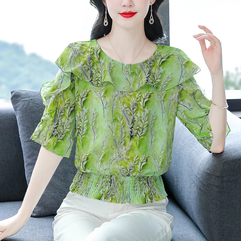 

Summer Women Blouse 3/4 Sleeve Short Design Floal Printed Tops Patchwork Ruffles Casual Silk Chiffon Shirt