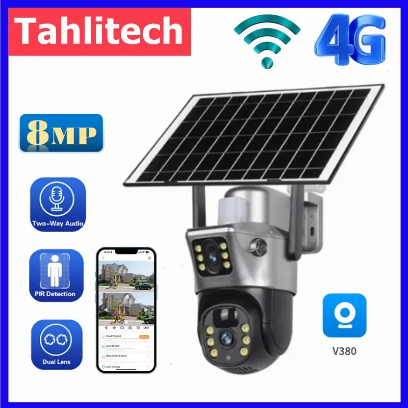 2025 Outdoor 4K 8MP Wireless Solar Camera 4G Sim Dual Lens Wifi IP PIR HD Night Vision Camera V380Pro PTZ Security CCTV Monitor