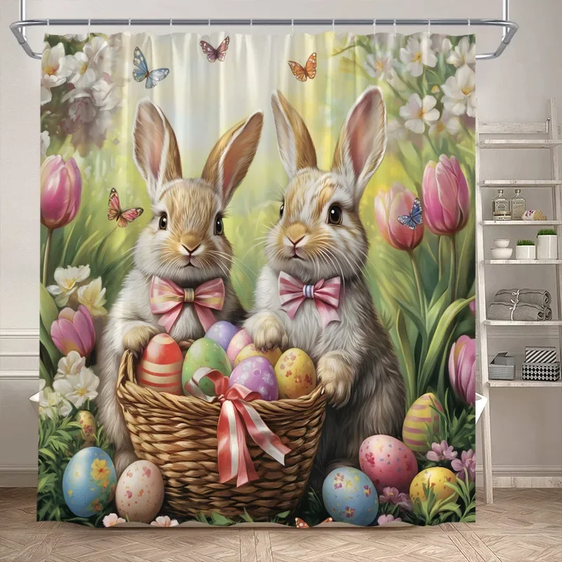 Funny Easter Shower Curtains Cute Cat Rabbit Eggs Butterfly Tulip Flowers Rustic Fabric Home Bathroom Curtain Decor With Hooks