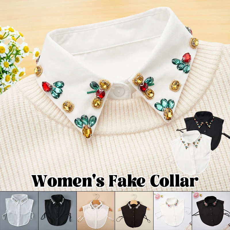 

Women Rhinestone Shirt Fake Collar Chic Embroider Fake Collar Detachable Shirt Lapel False Collar Blouse Tops Decor