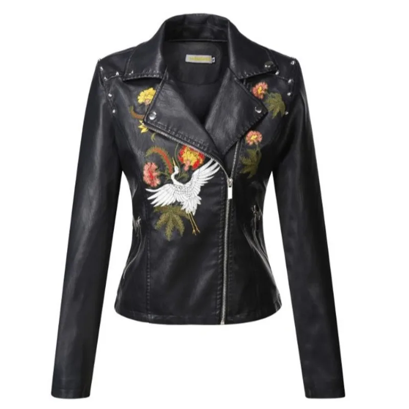 

2026 Spring Autumn Leather Jacket Women Embroidered Coat Black