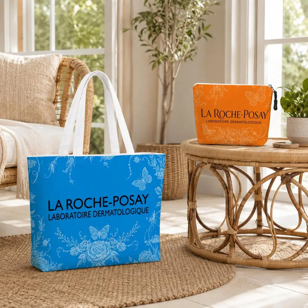 Sacs de rangement de la marque de beauté La Roche-Posay, ensemble de 2 sacs fourre-tout en toile, impression recto-verso avec pochette zippée, cadeau de voyage pour femmes