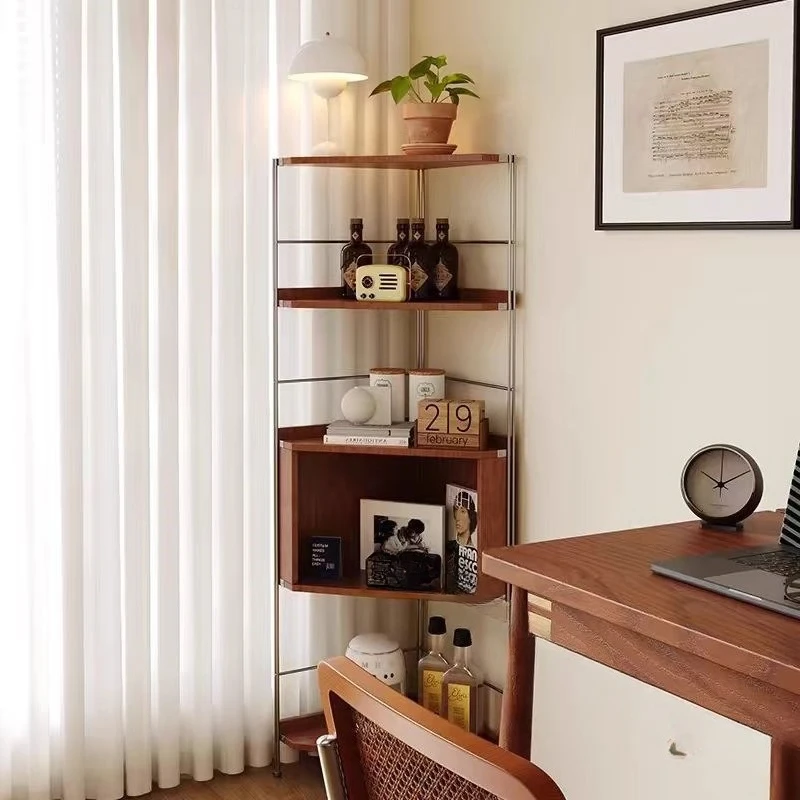 Medieval Solid Wood Corner Rack Steel Triangular Display Cabinet Living Room Multi-functional Corner Bedroom Bookshelf