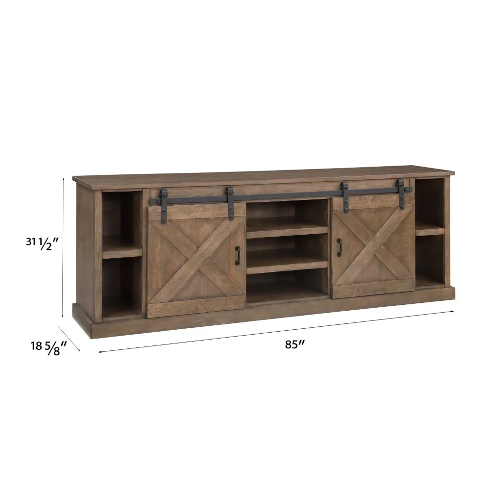 TV Stand 85 Inch, No Assembly Required, Barnwood Finish, Two Sliding Barn Doors and Six Shelves, TV Stand