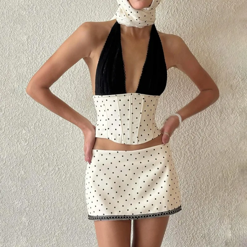 

Tuularose Vintage Polka Dot Dress Sets Fashion Contrast V-neck Tank Top Sexy Skirt Set Luxurious Party Look Y2k Women Dress Sets