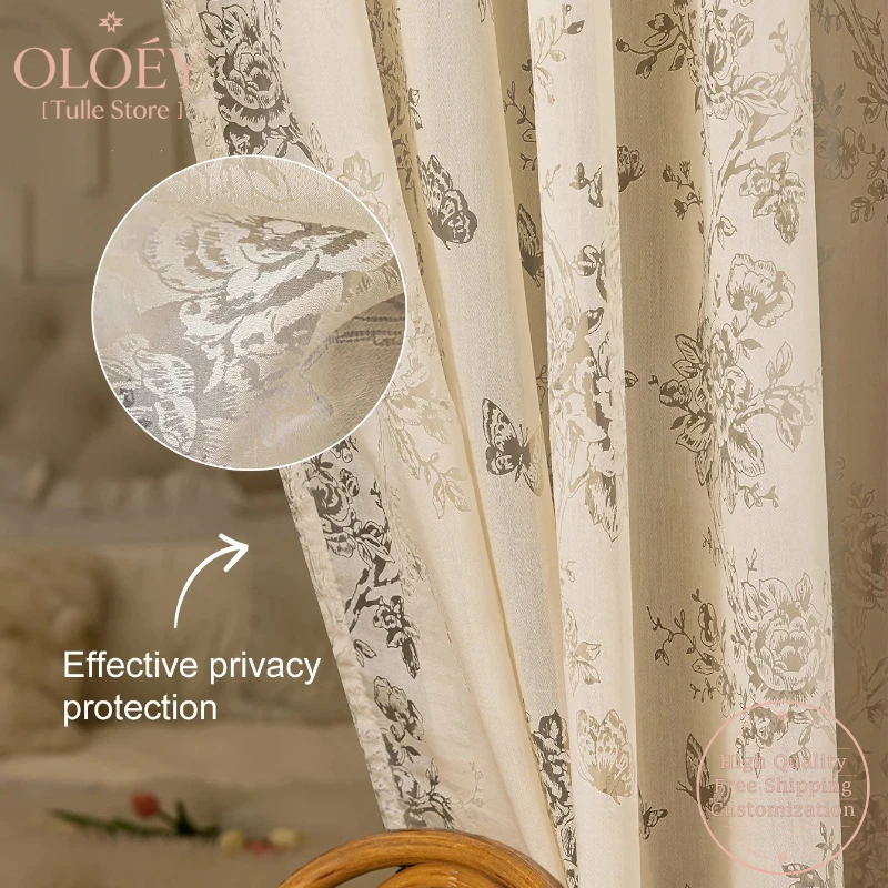 

Retro French Lace Curtains Rose Butterfly Print Gauze Short Antique Style Semi Sheer for Kitchen Coffee Shop European Drapes