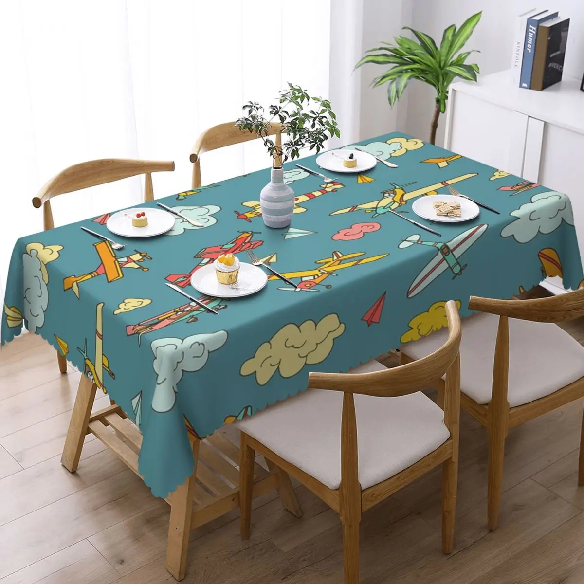 Colorful Nostalgic Airplanes Aviation Enthusiast Custom Rectangular Tablecloth Oilproof Table Cover for Decorations Table Cloth