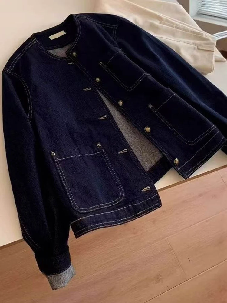 

Vintage O-Neck Short Jacket for Women Spring Autumn Chic Long Sleeved Denim Coat Dark Blue Single Breasted Loose Overcoat