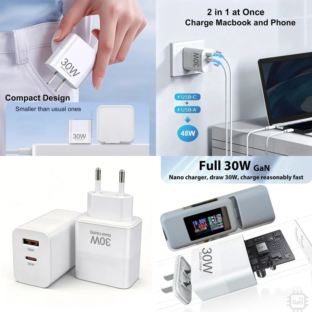 Portable 30W Type C Wall Adapter Home Charger US EU Plug Dual Port for iPhone 17 16 15 Pro Max Samsung Galaxy S26 S25 S24 Plus