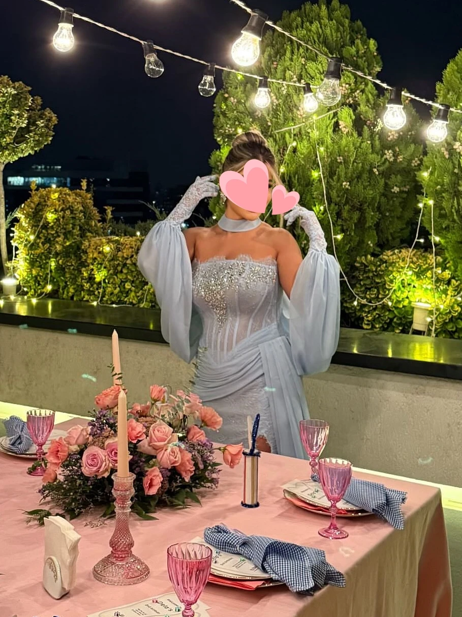 다른 스타일의 우아한 빈티지 스윗 블루 머메이드 레이스 비즈 시폰 슬릿 맞춤형 정장 행사 프롬 드레스 이브닝 파티 가운