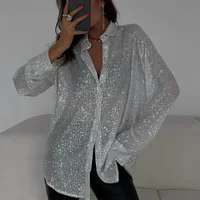 Nuevas camisas de primavera para mujer, camisa de manga larga con botones y botonadura brillante a la moda, camisas de calle con cuello vuelto para fiesta para mujer