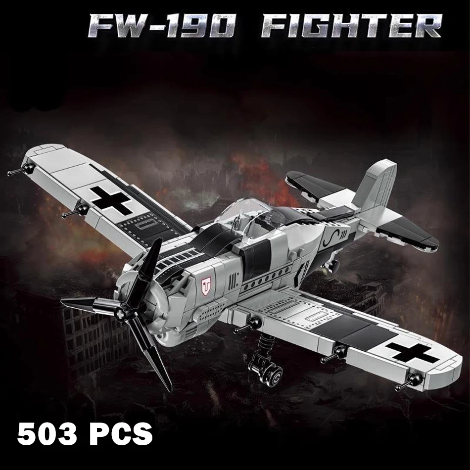 MOC Military WW2 Germany US Airforce FW190 P-51 Mustang F4U Corsair Fighter Aircraft Model Building Blocks Bricks Toys Kids Gift