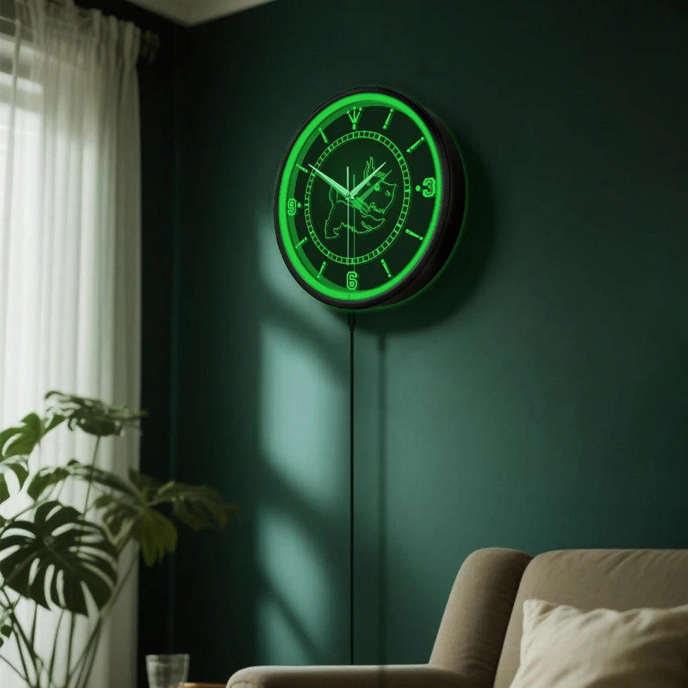 Scottie Dog LED Neon Lighted Wall Clock For Pet Shop Puppy Room Scottish Terrier Dog Breed Home Decor LED Illuminated Wall Clock