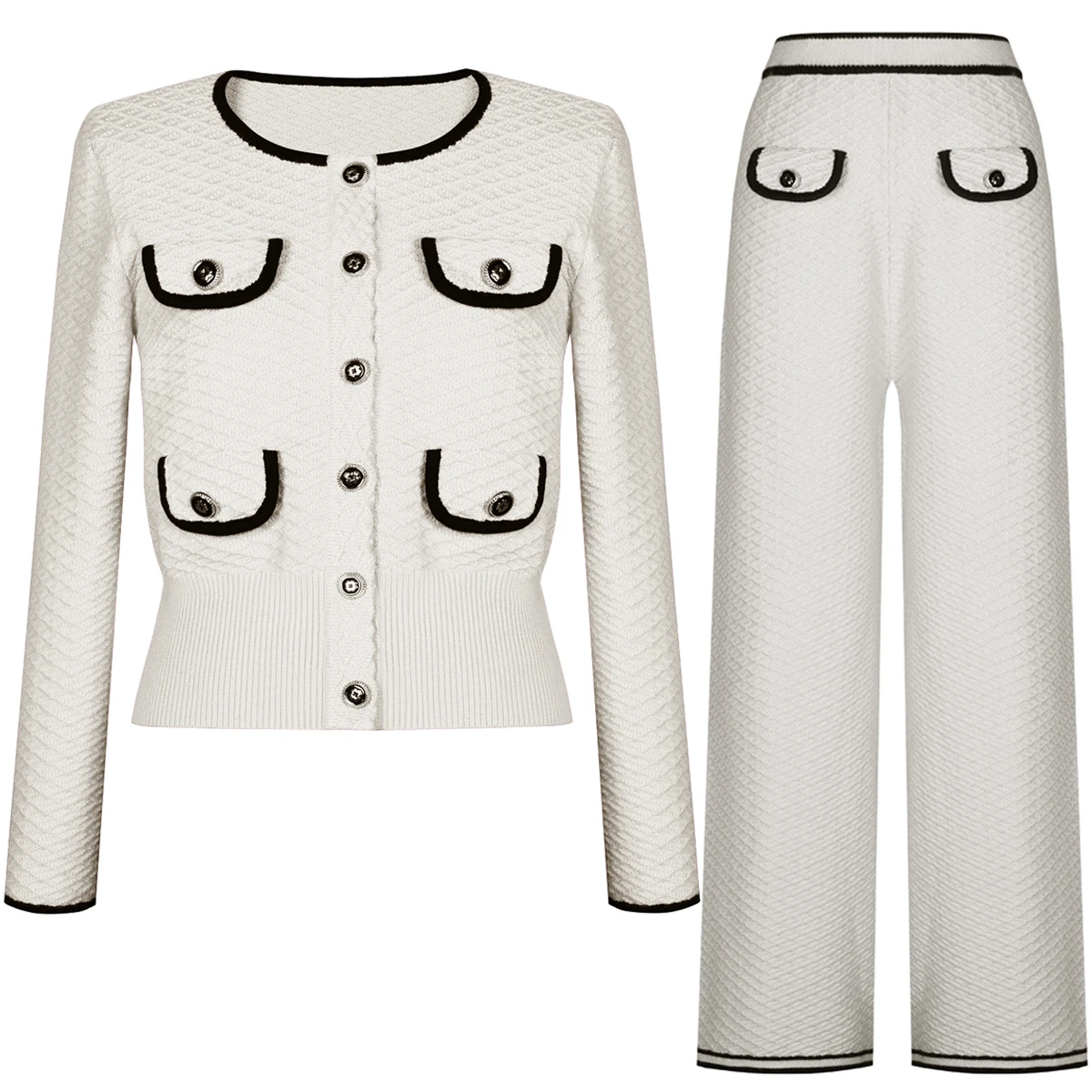 Fashion Knitted Color Block Round Neck Long Sleeve Cardigan + Straight Leg Pants Women's 2-Piece Suit