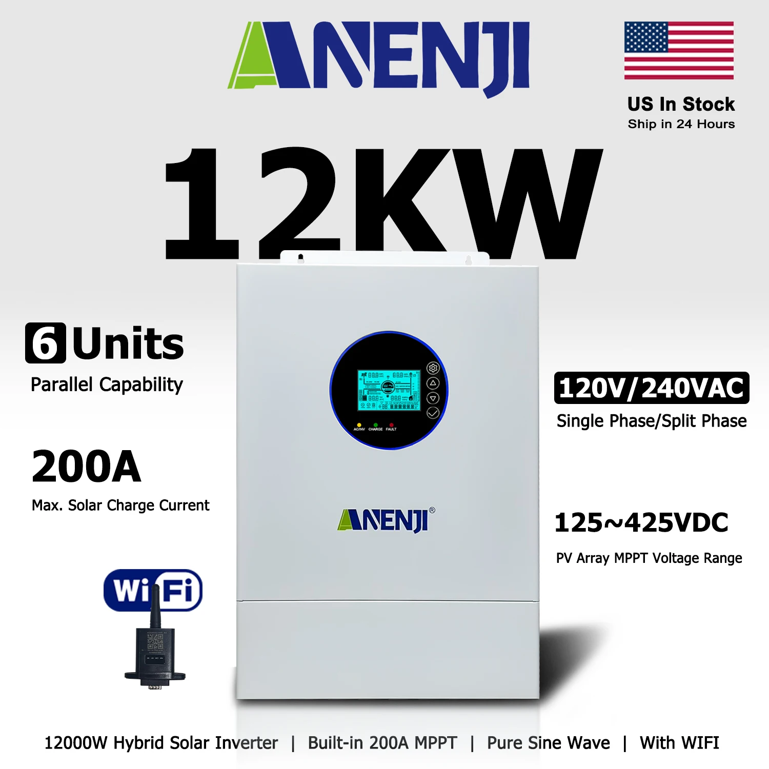 ANENJI Split Phase 12KW 48V Hybrid Solar Inverter 120/240VAC Pure Sine Wave Parallel Inverter Built-in MPPT 200A Solar Charger