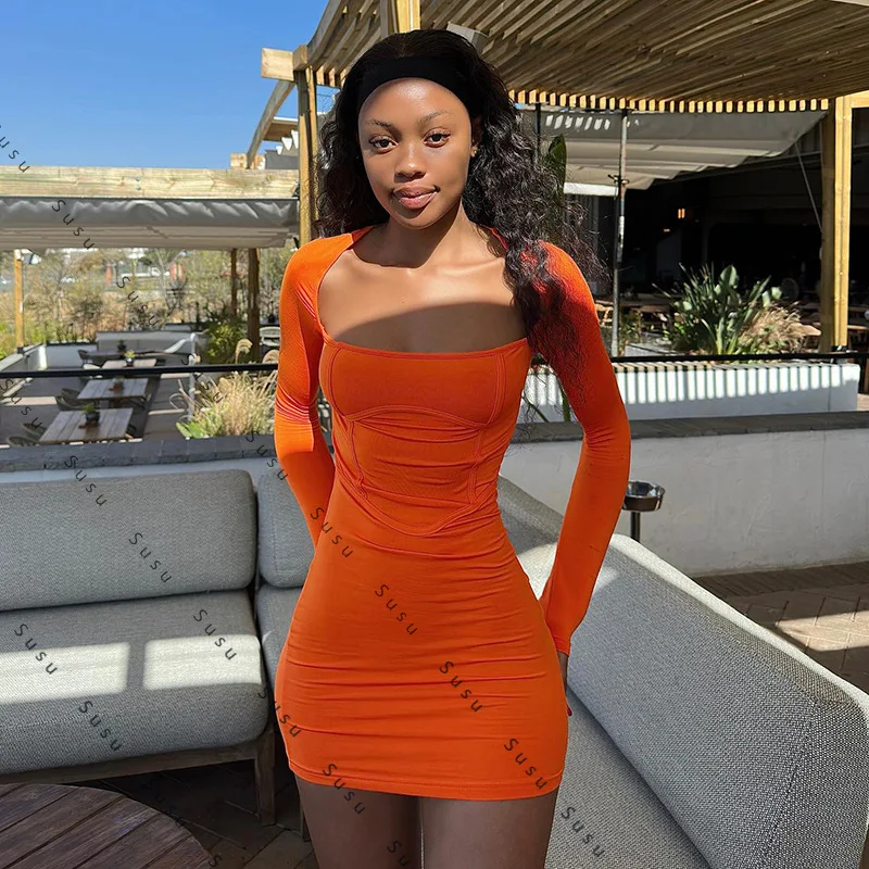 2025 new INS European and American style autumn and winter women's clothing fashion long-sleeved sexy square collar low-cut slim