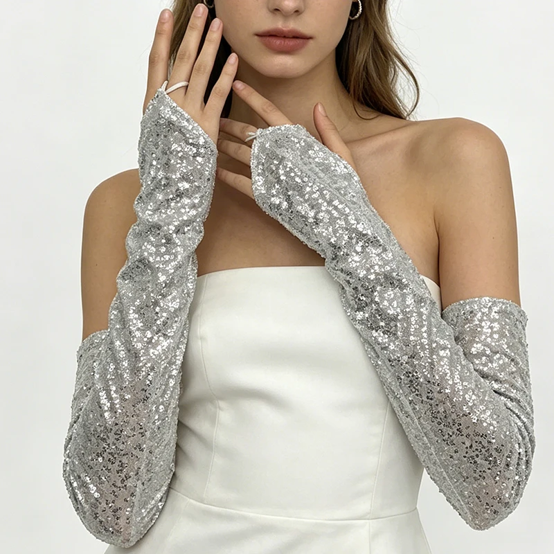 48CM Women Sequins Shiny Hook Finger Gloves Fashion Latin Dance Stage Performance Fingerless Cosplay Opera Banquet Concert