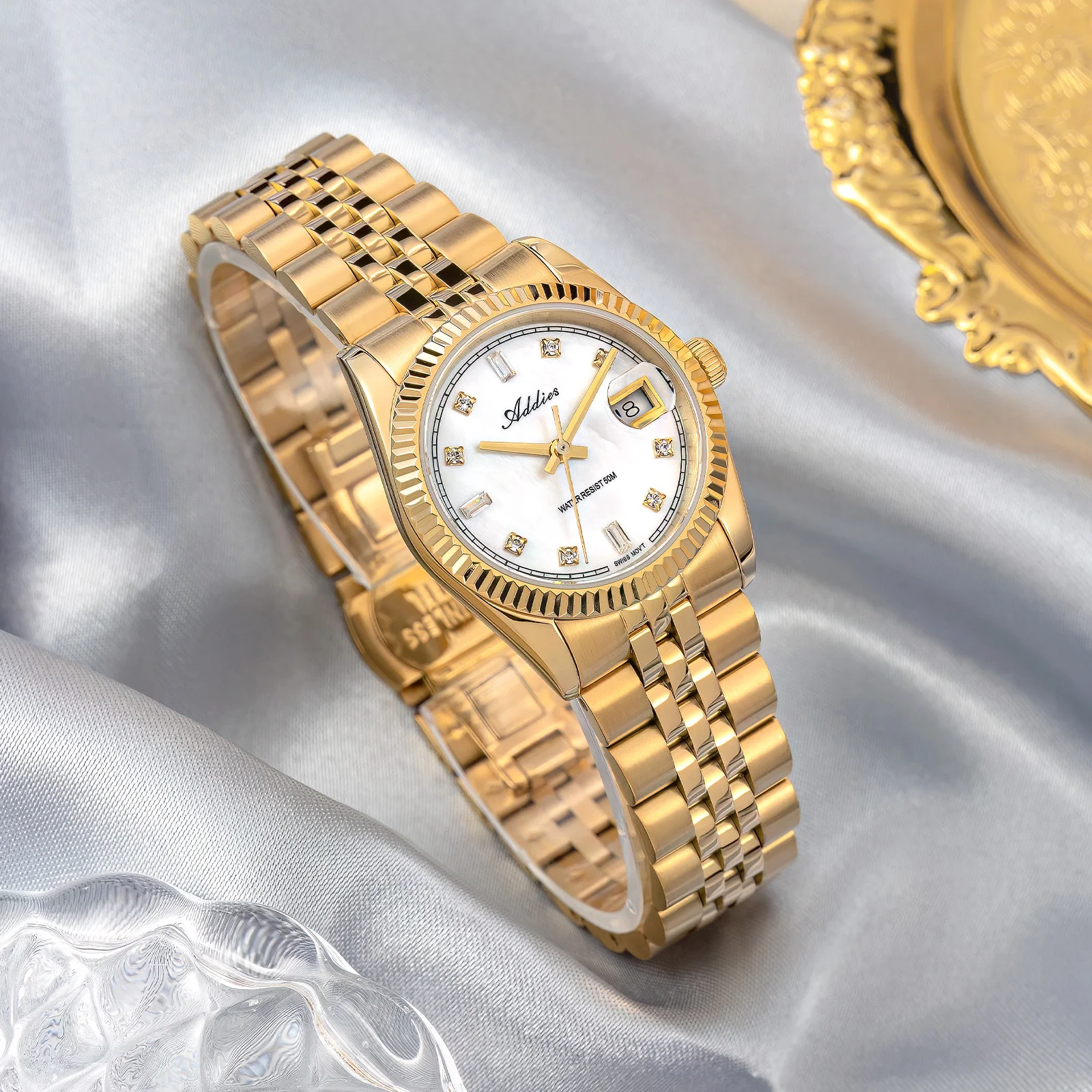 ADDIES Stainless Steel Date Display AW25905 Wristwatches Czech Rhinestones Sapphire Glass Watches Waterproof Gold Watch Ladies - view 5