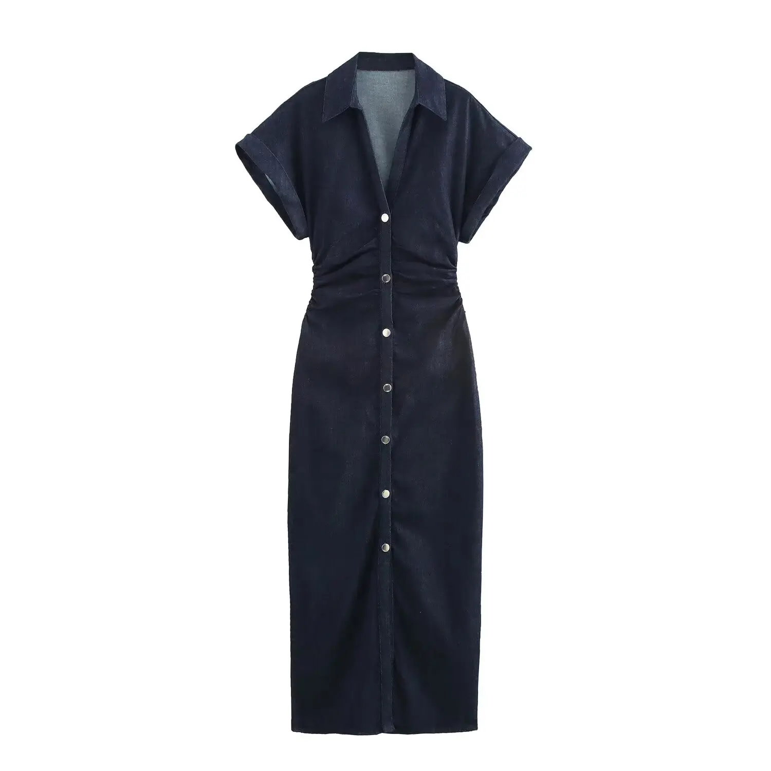 ETJ 2025 traf Spring New 1975 series denim MIDI dress with lapel side zipper fashion wrinkle waist slim elegant dress image 2