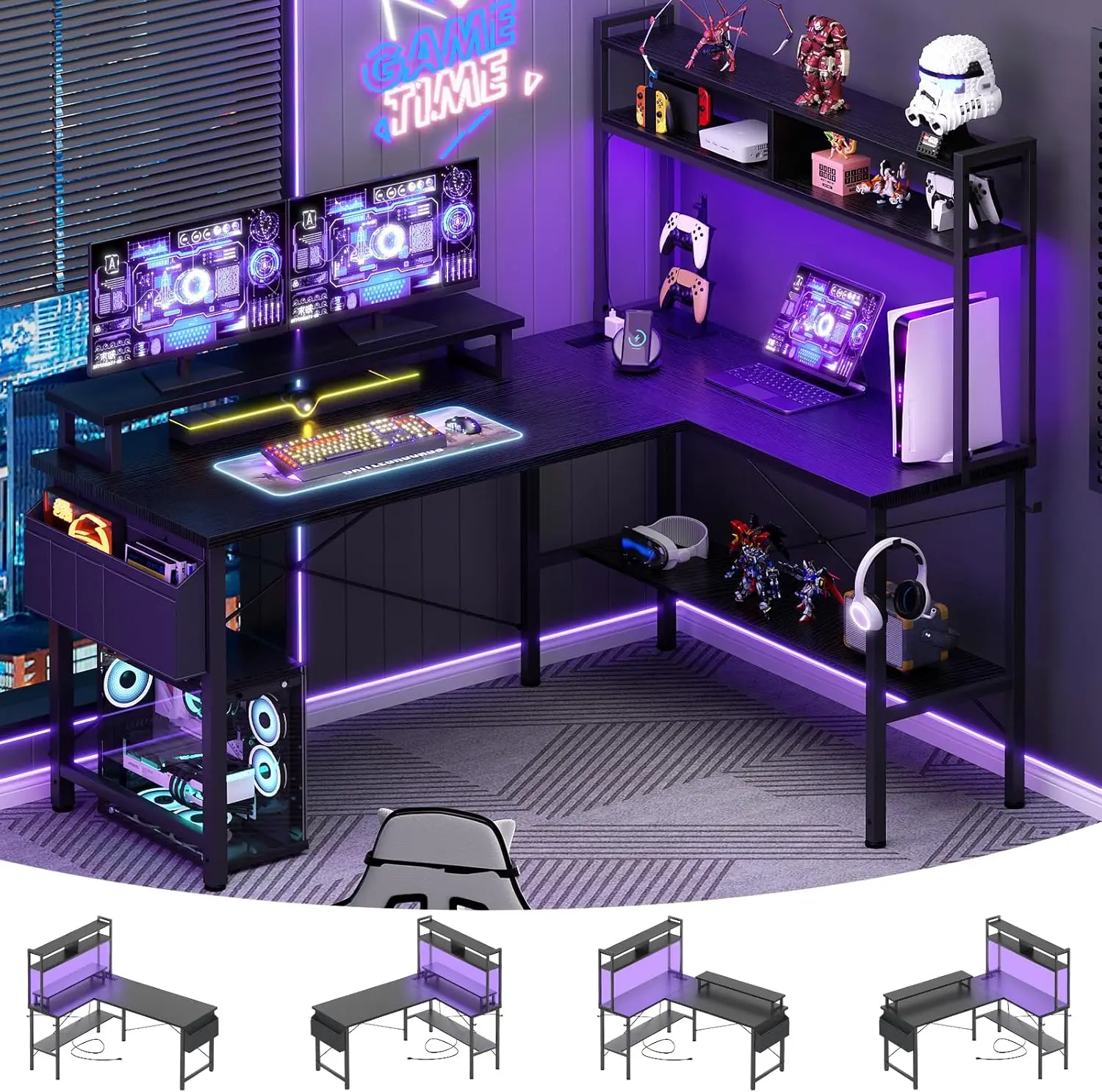 Black Small L-Shaped Gaming Desk for Home Office, with Power Outlets, Led Lights, Monitor Stand, Storage Shelf, and Storage Bag