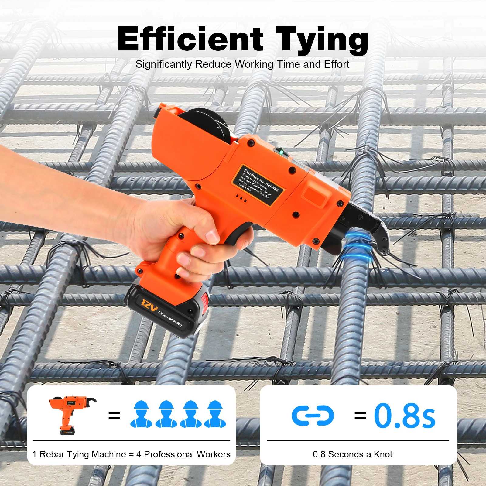 

Automatic Rebar Tying Tool 8-34mm Cordless, 4500mAh Battery Powered Steel Bar Tying Machine with 2 Batteries for Construction