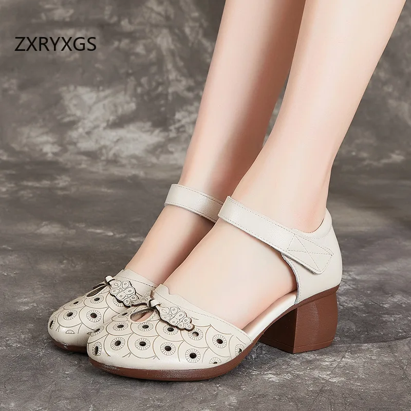 ZXRYXGS Classic Printing Side Air Round Toe Sandals Genuine Leather Shoes 2025 Summer Thick Mid Heel Women Sandals Banquet Shoes