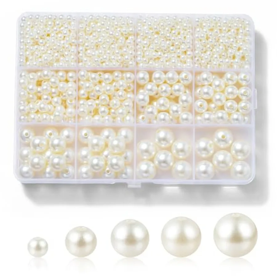 

1200 Pcs Pearl Beads for Jewelry Making, 5 Size Round Pearls for Bracelets Making Kit Small Pearl Filler Beads with Hole for DI