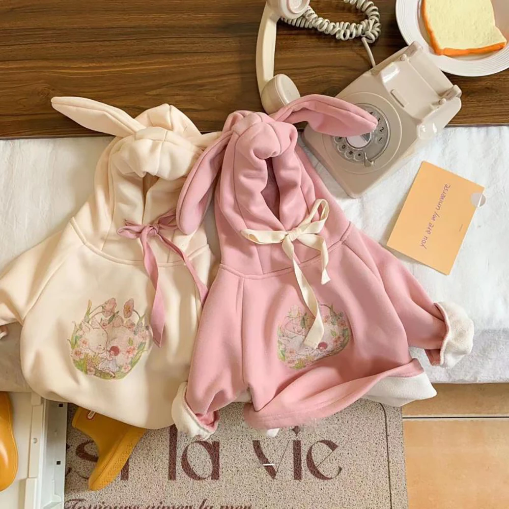 Cute Baby Girls Hoodies Spring Autumn Korean Cartoon Rabbit Hooded Coats Sweatshirt Thick Warm Velvet Kids Pullover Tops 1-6Y