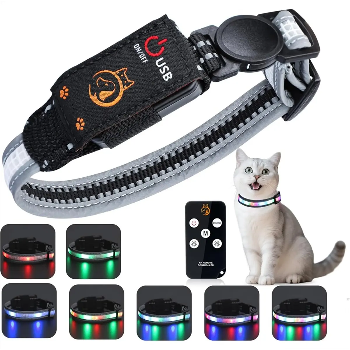 MALL Cat Collar,Lighted Cat Collars for Night,Rechargeable Waterproof LED Cat Collar with Remote,Dog Lights for Night Walking