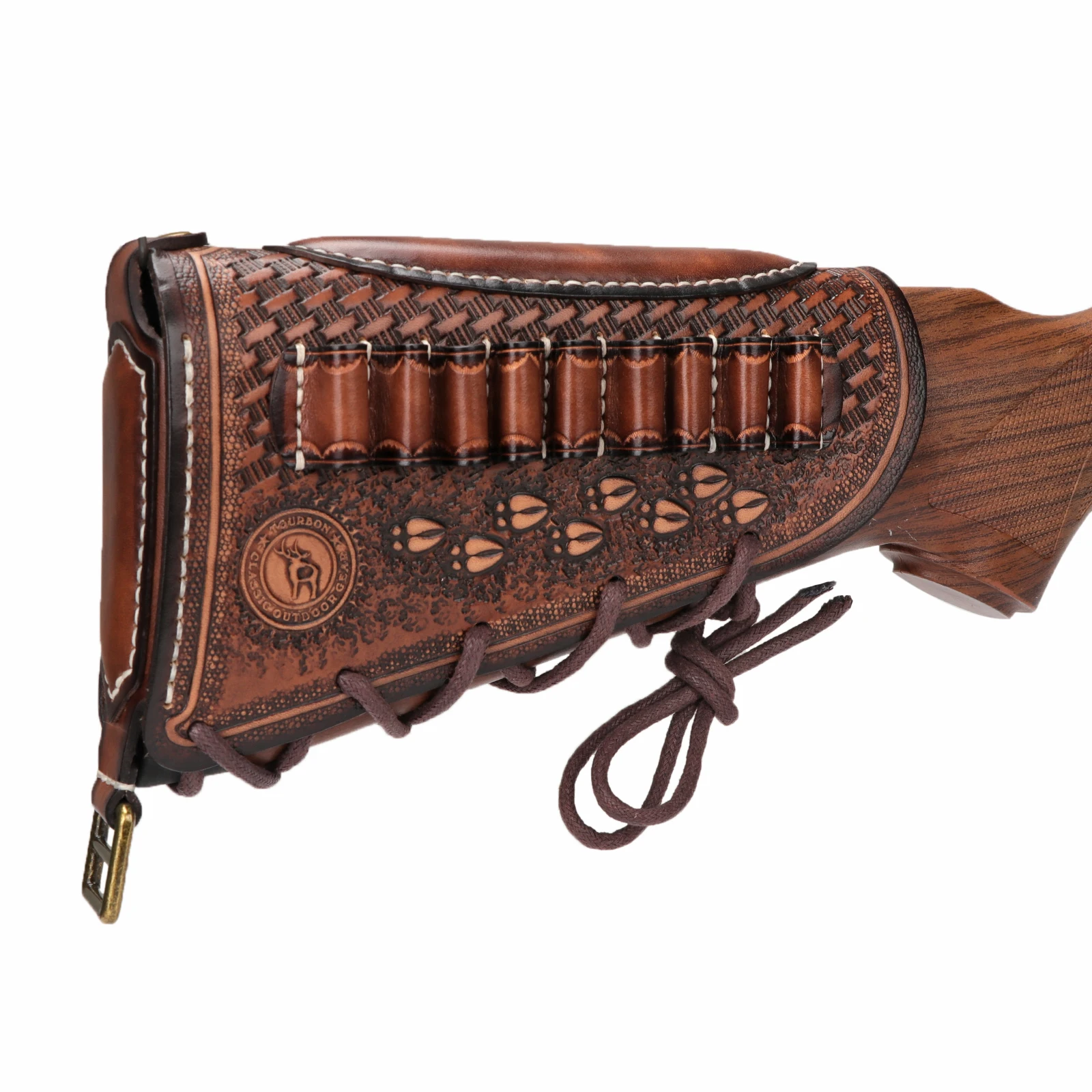 Tourbon Hunting Accessories Leather Gun Butt Stock Cover Rifle Cheek Rest Adjustable with Ammo Cartridges Hoder Brown