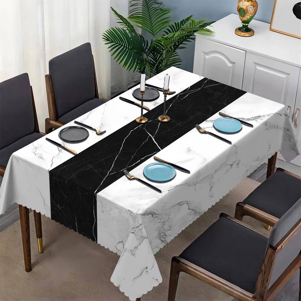 1pc Elegant Black and White Marble Print Rectangular Tablecloth with Fan-Shaped Edge, , Perfect for Dining Room, Kitchen, Living