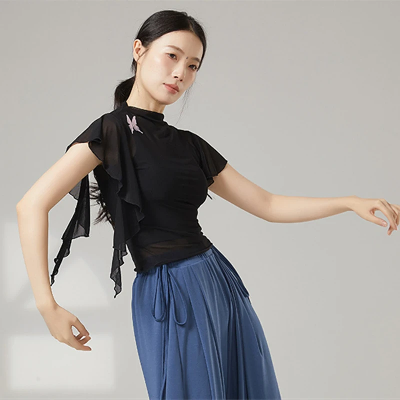 クラシックダンスウェア女性トップ半袖シャツガーゼメッシュハーフハイネック夏流れるステージ練習トップスパフォーマンス衣装