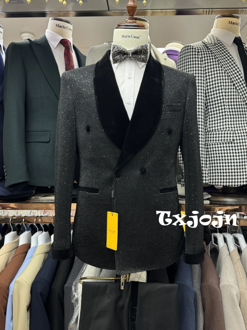 

Glitter Elegant Velvet Collar Men's Suits 2 Pieces Wedding Groom Sets Formal Double Breasted Suit Set Dancing Wear Party Tuxedo